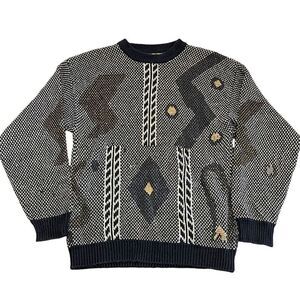 Vintage Generra Knit Sweater Men’s MediumGray Zig Zag Geometric Crew Neck 90d